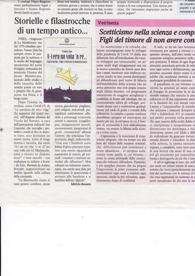 Recensione sul “Risveglio” dell' 8 luglio, del Prof. Fabrizio Dassano (Presidente dell’Associazione “I luoghi e la storia"), del nostro "Ai era 'na vota 'n re"